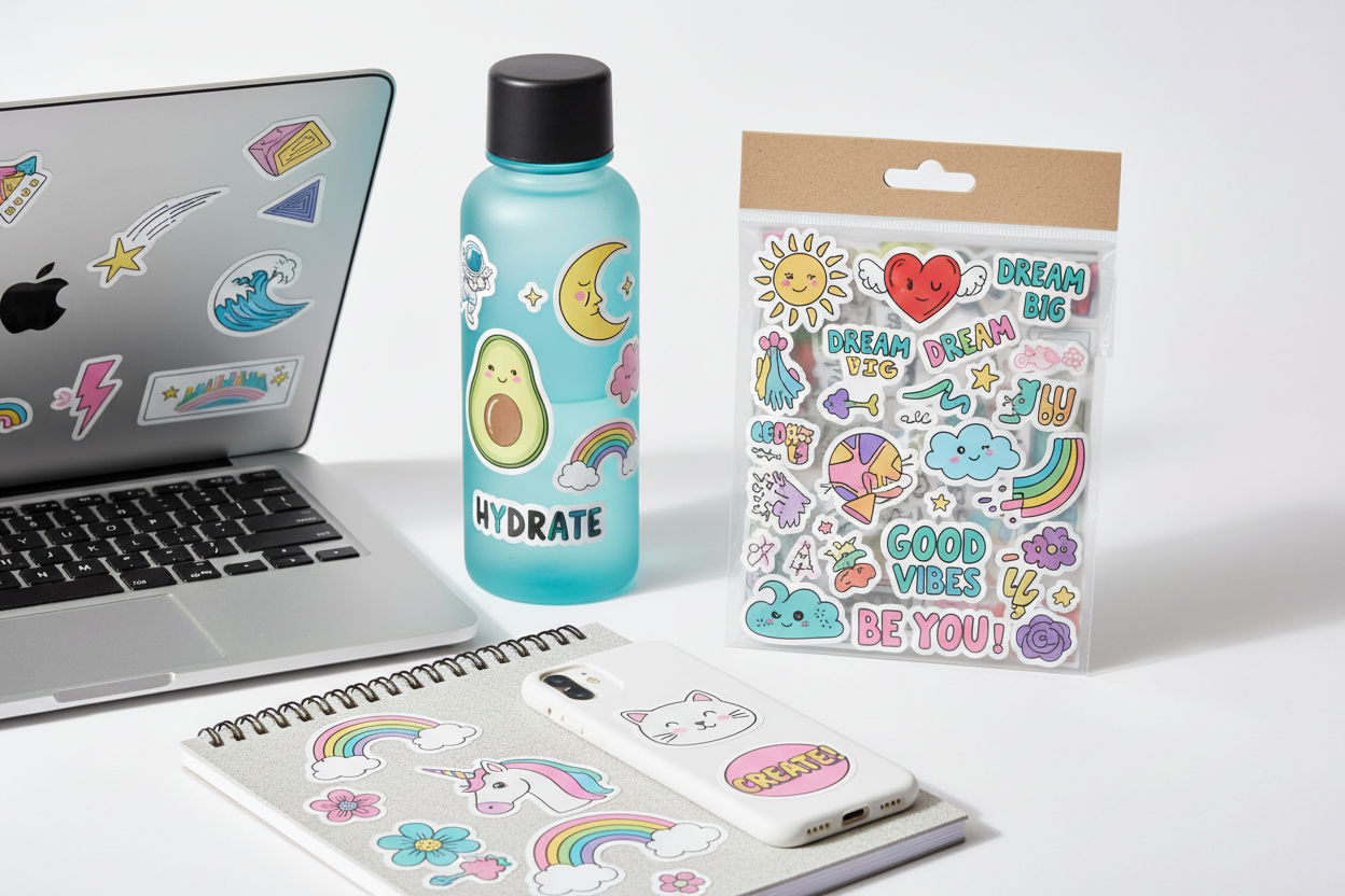 El producto es un pack de stickers, la imagen bien puede ser o un pack o como quedarian los stickers en distintos lugares, que sea representativo del producto