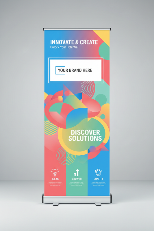 Un custom roll up banner bien colorido y estetico que den ganas de comprarlo